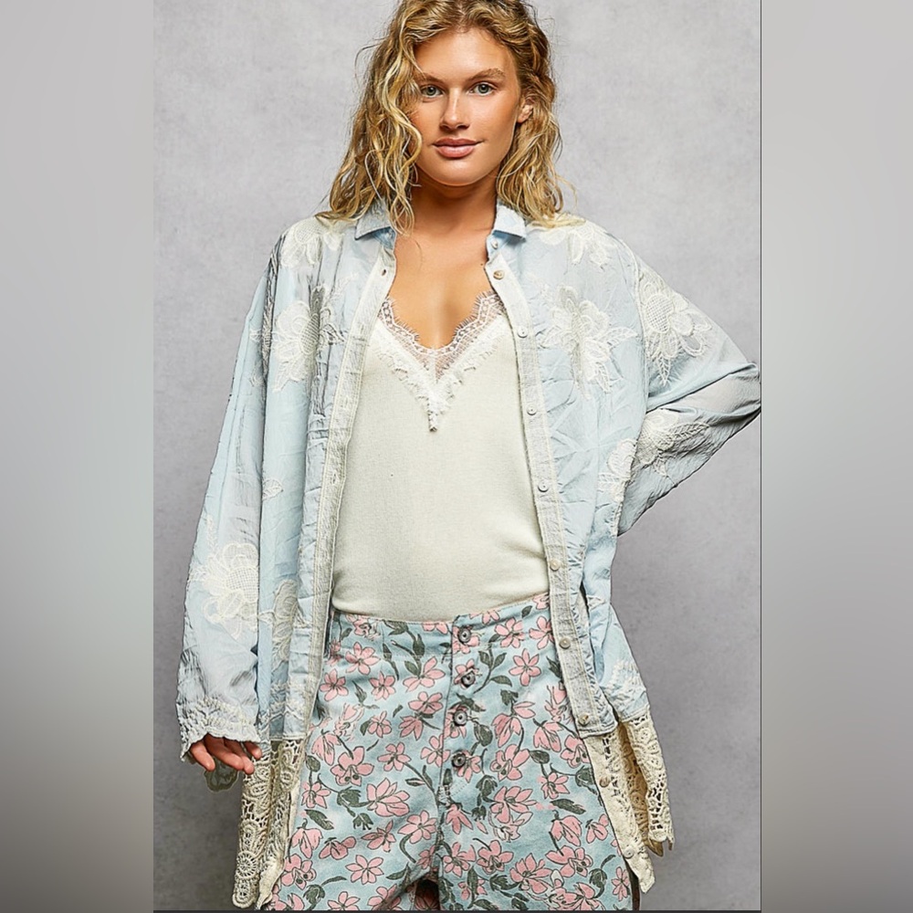 POL Sky Blue Embroidered Crochet Floral Button Down - OS Boho NWT